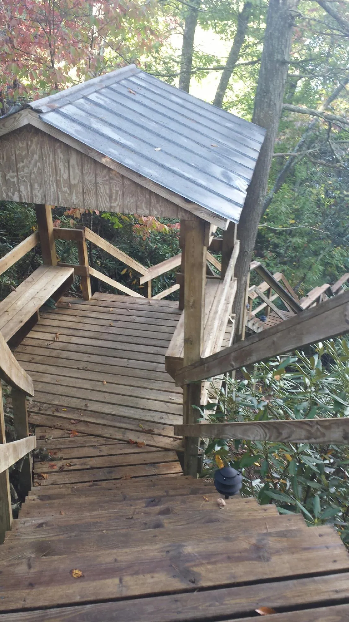 Metal roofed shelter over wooden steps on a wooded walkway — Skylight Repair & Installation work by our crew in Dacono